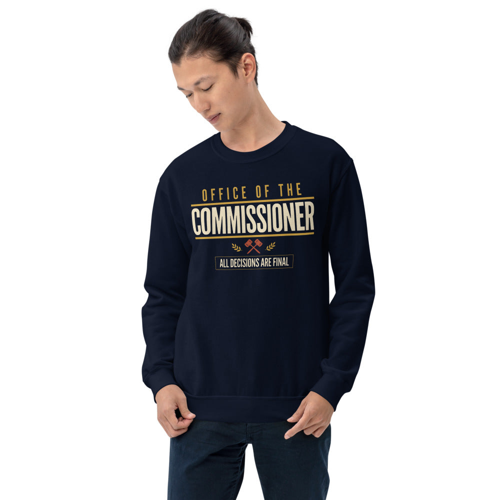 Office of the Commissioner fantasy football draft crewneck sweatshirt — Navy, on model