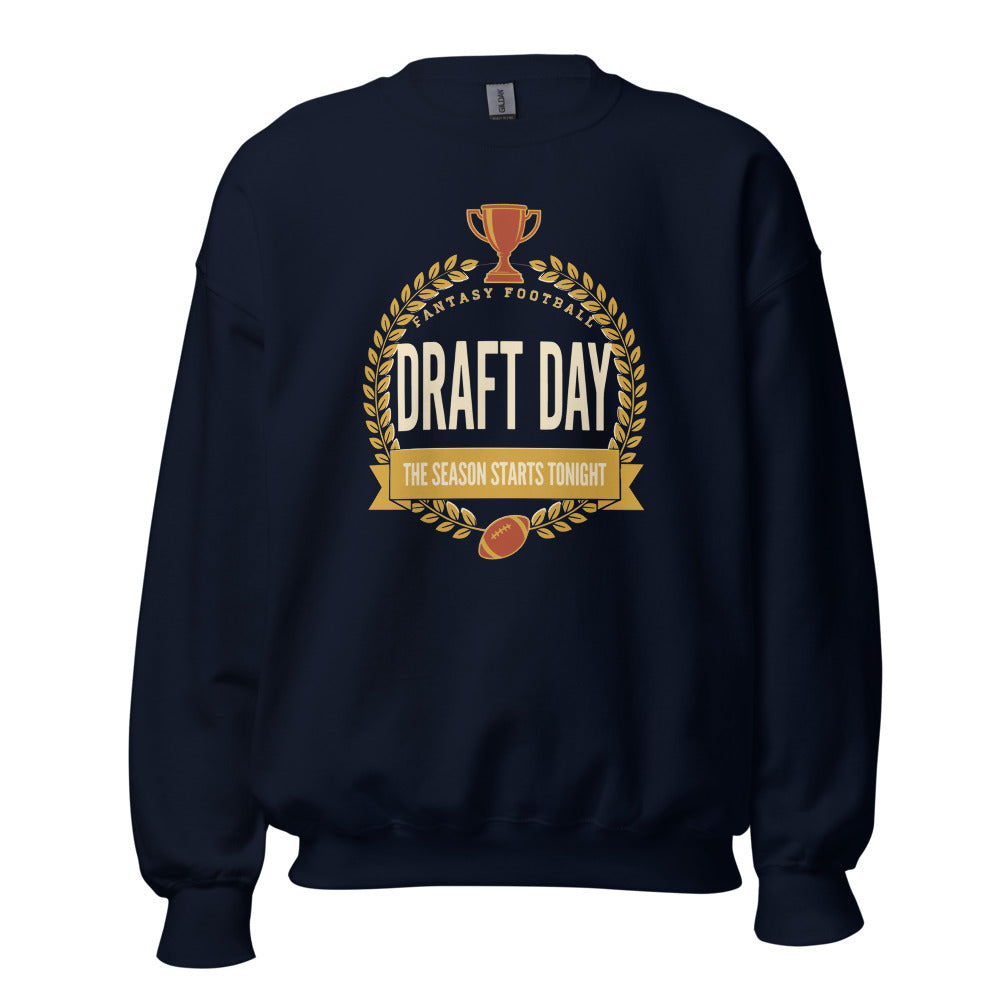 Draft Day Almanac vintage fantasy football champion crewneck sweatshirt — Navy, front