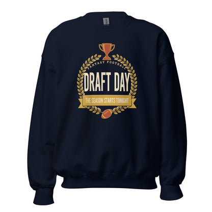 Draft Day Almanac vintage fantasy football champion crewneck sweatshirt — Navy, front