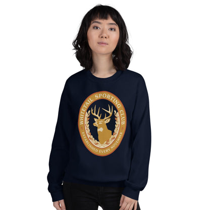 Whitetail Sporting Club vintage deer hunting crewneck sweatshirt — Navy, on model
