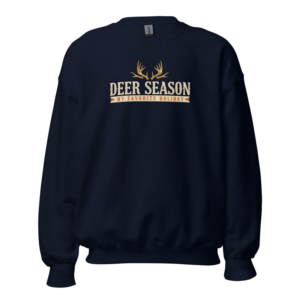 Deer Season My Favorite Holiday deer hunting crewneck sweatshirt — Navy, front