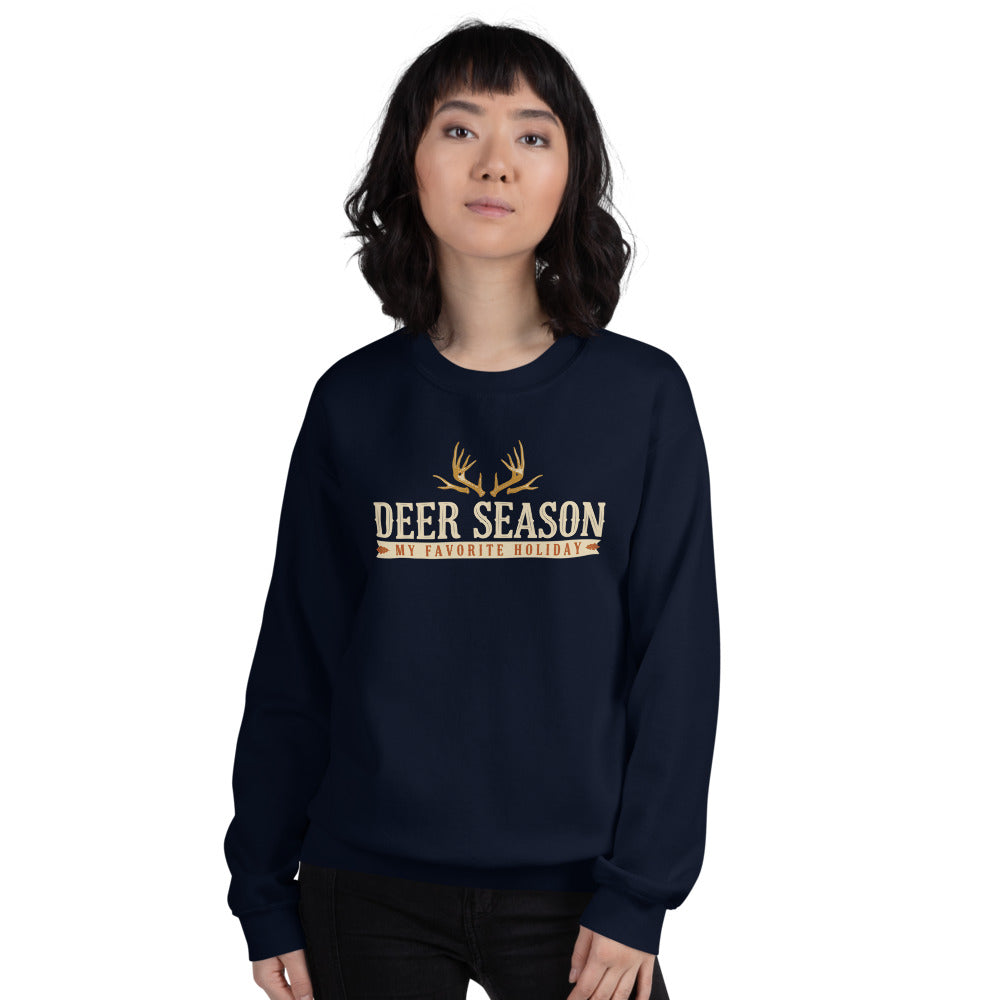 Deer Season My Favorite Holiday deer hunting crewneck sweatshirt — Navy, on model