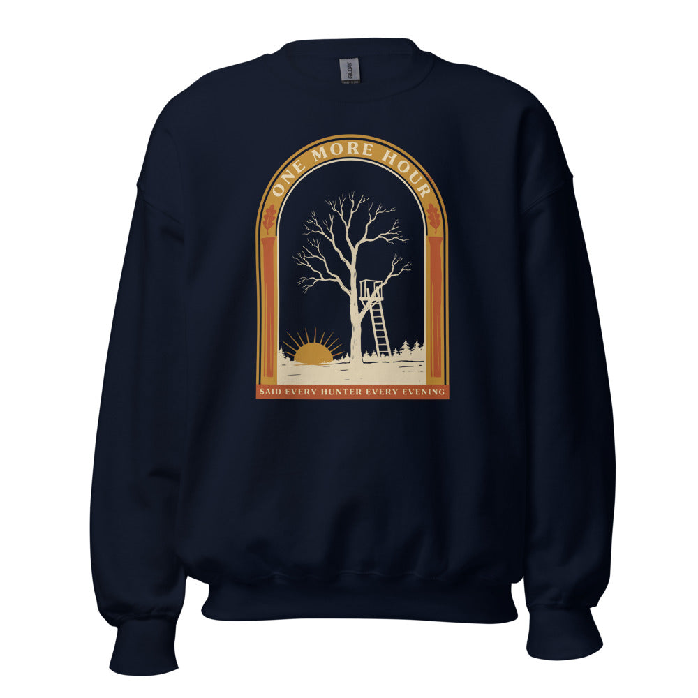 One More Hour funny deer hunting crewneck — Navy, front