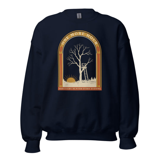 One More Hour funny deer hunting crewneck — Navy, front