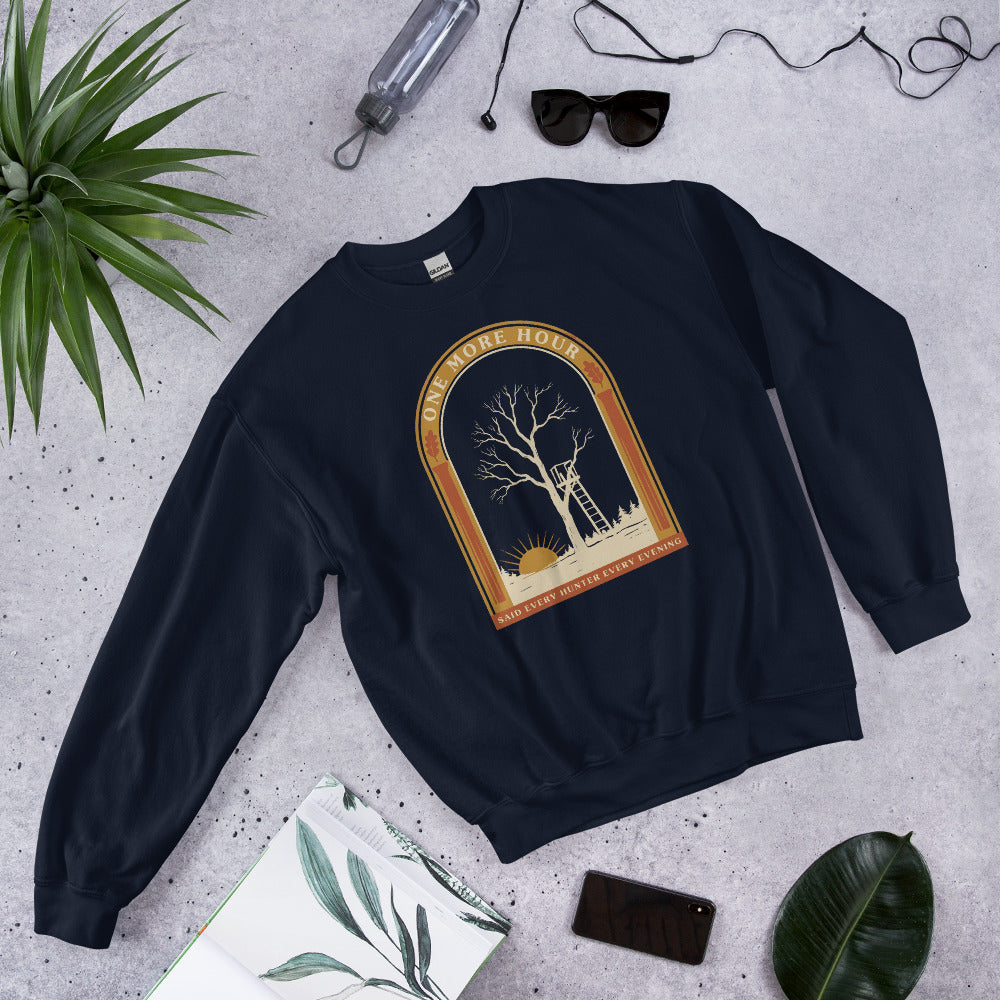 One More Hour funny deer hunting crewneck — Navy, front-right