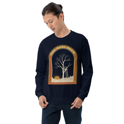 One More Hour funny deer hunting crewneck — Navy, on model