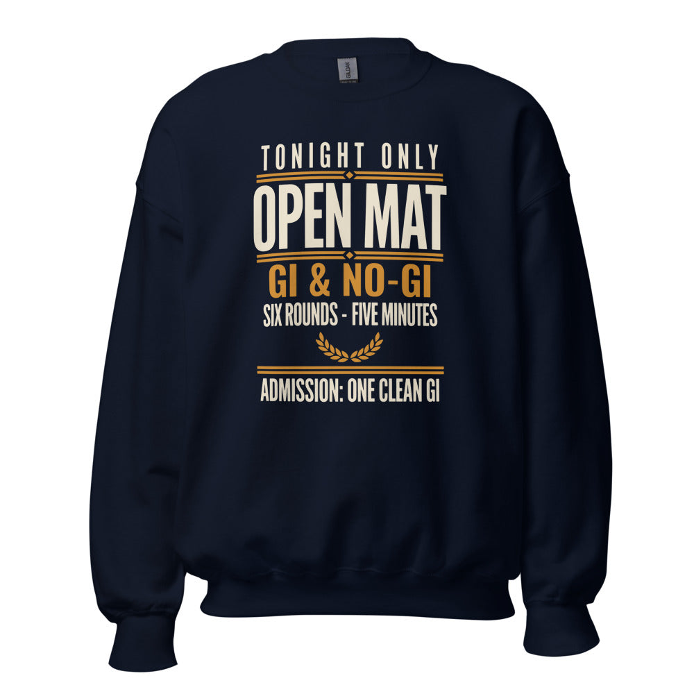 Open Mat Tonight Brazilian jiu jitsu crewneck sweatshirt — Navy, front