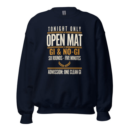 Open Mat Tonight Brazilian jiu jitsu crewneck sweatshirt — Navy, front