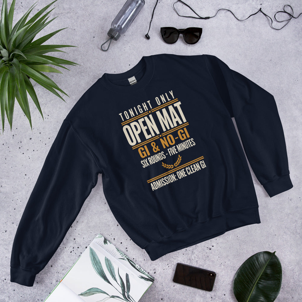 Open Mat Tonight Brazilian jiu jitsu crewneck sweatshirt — Navy, front-right