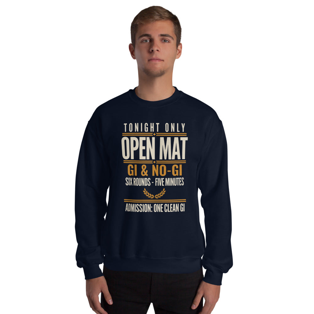 Open Mat Tonight Brazilian jiu jitsu crewneck sweatshirt — Navy, on model