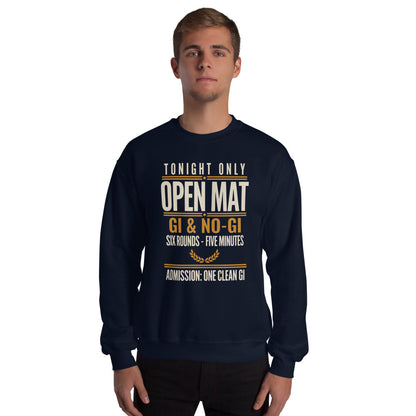 Open Mat Tonight Brazilian jiu jitsu crewneck sweatshirt — Navy, on model