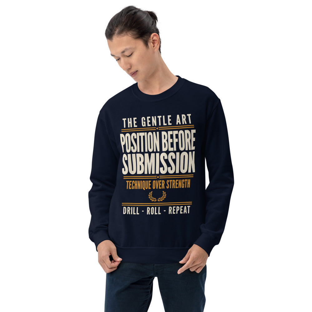 Position Before Submission Brazilian jiu jitsu sweatshirt — Navy, on model