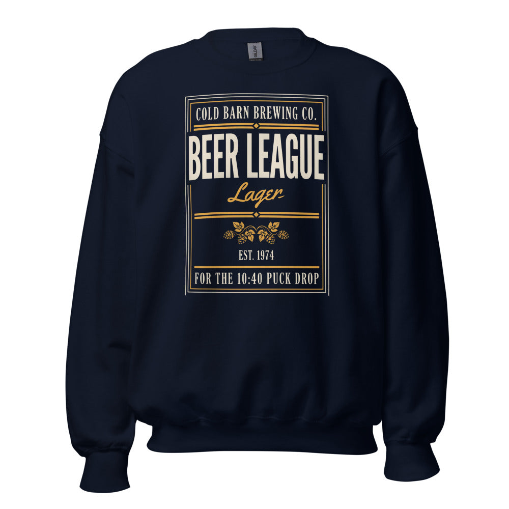 Beer League Cold Barn Brewing lager crewneck sweatshirt — Navy, front