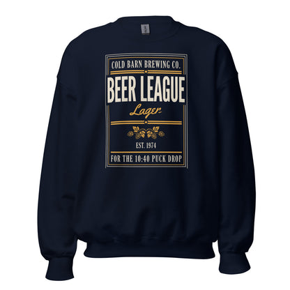 Beer League Cold Barn Brewing lager crewneck sweatshirt — Navy, front