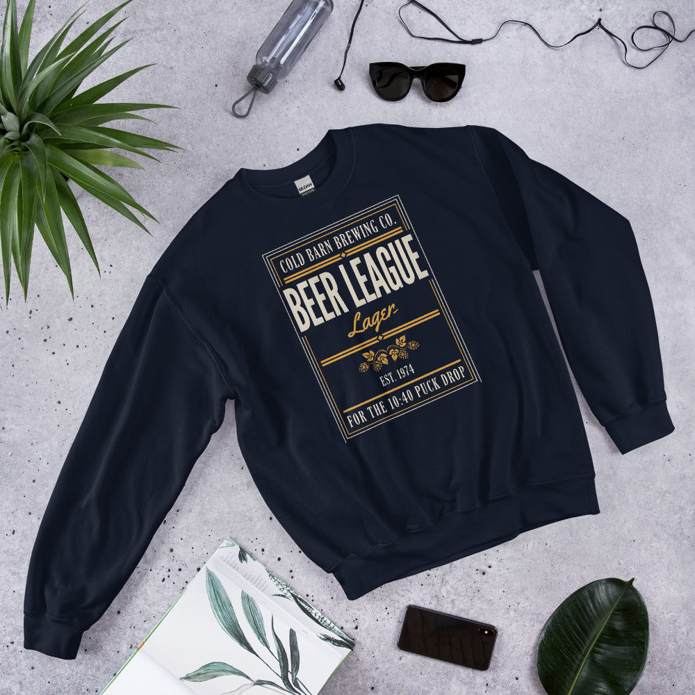 Beer League Cold Barn Brewing lager crewneck sweatshirt — Navy, front-right
