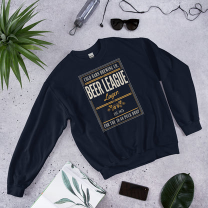 Beer League Cold Barn Brewing lager crewneck sweatshirt — Navy, front-right