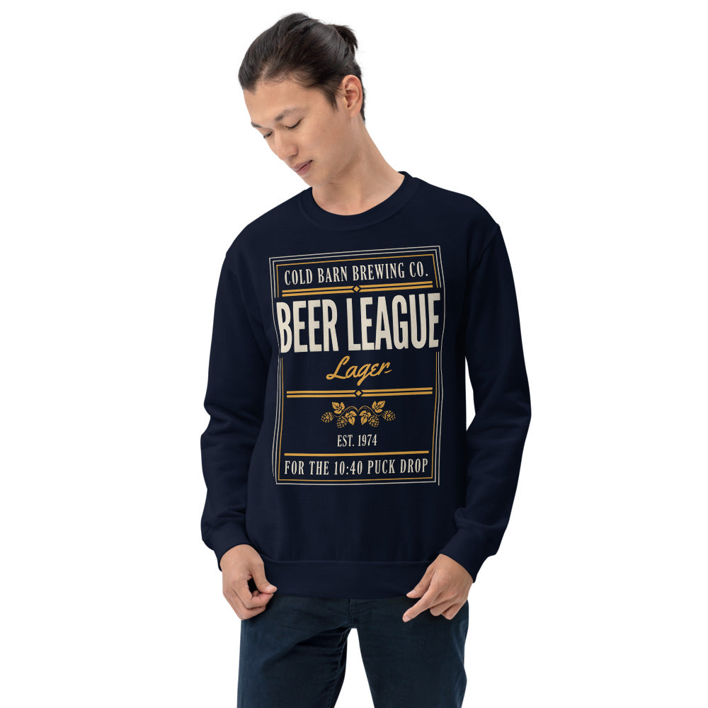 Beer League Cold Barn Brewing lager crewneck sweatshirt — Navy, on model