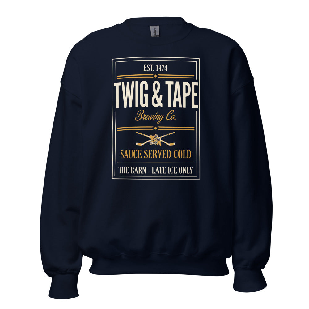 Twig and Tape Brewing Co. beer league hockey crewneck sweatshirt — Navy, front
