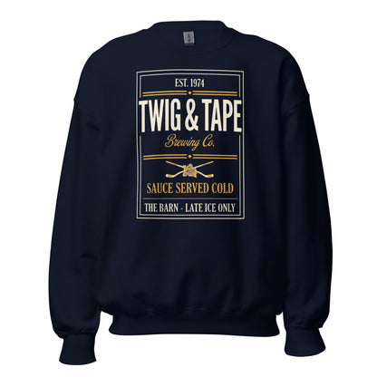 Twig and Tape Brewing Co. beer league hockey crewneck sweatshirt — Navy, front
