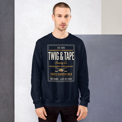 Twig and Tape Brewing Co. beer league hockey crewneck sweatshirt — Navy, on model