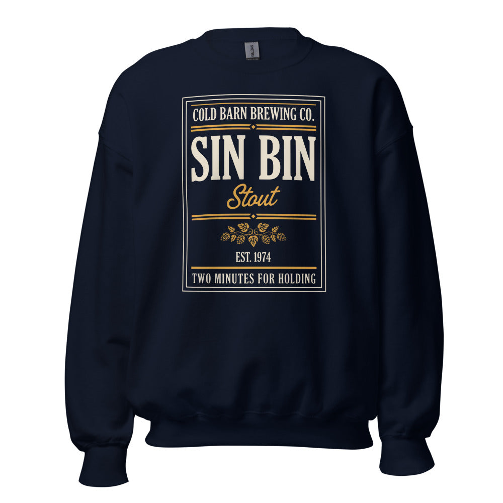 Beer League Sin Bin Stout brewery label crewneck sweatshirt — Navy, front
