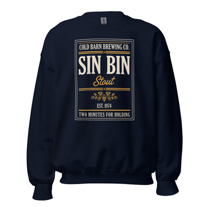 Beer League Sin Bin Stout brewery label crewneck sweatshirt — Navy, front