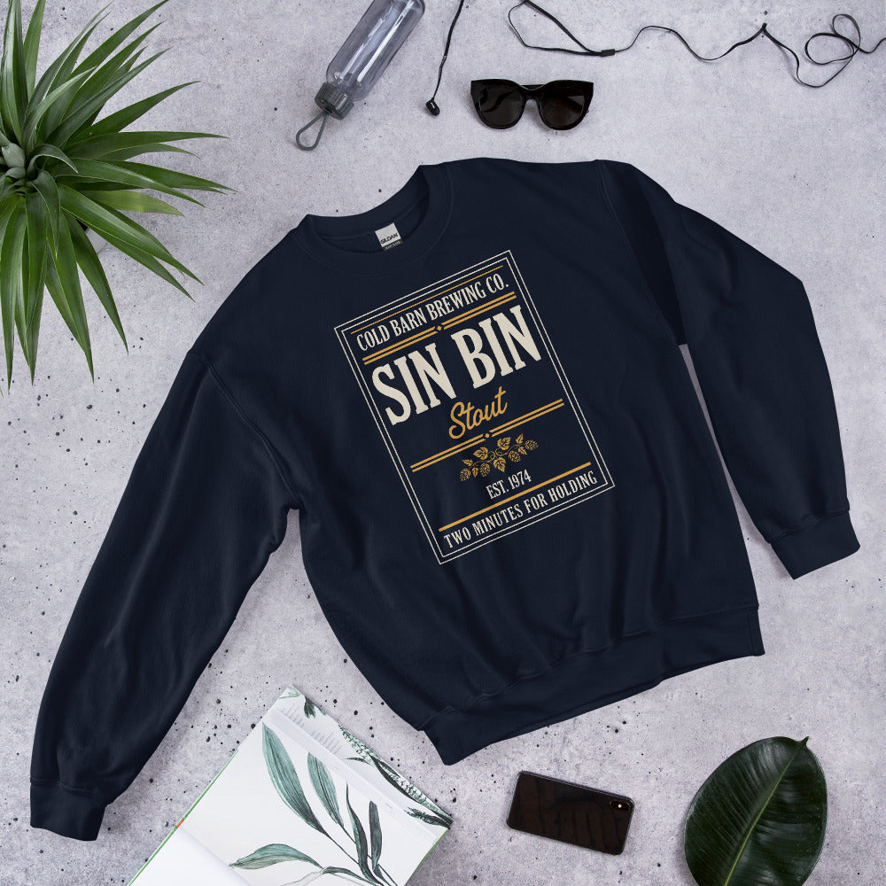 Beer League Sin Bin Stout brewery label crewneck sweatshirt — Navy, front-right
