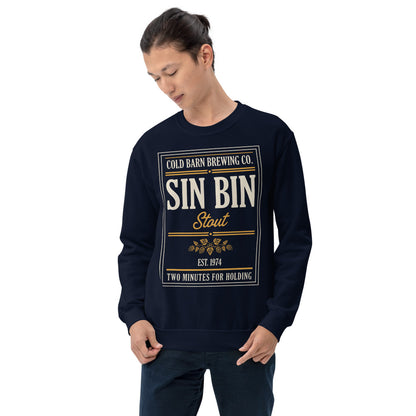Beer League Sin Bin Stout brewery label crewneck sweatshirt — Navy, on model