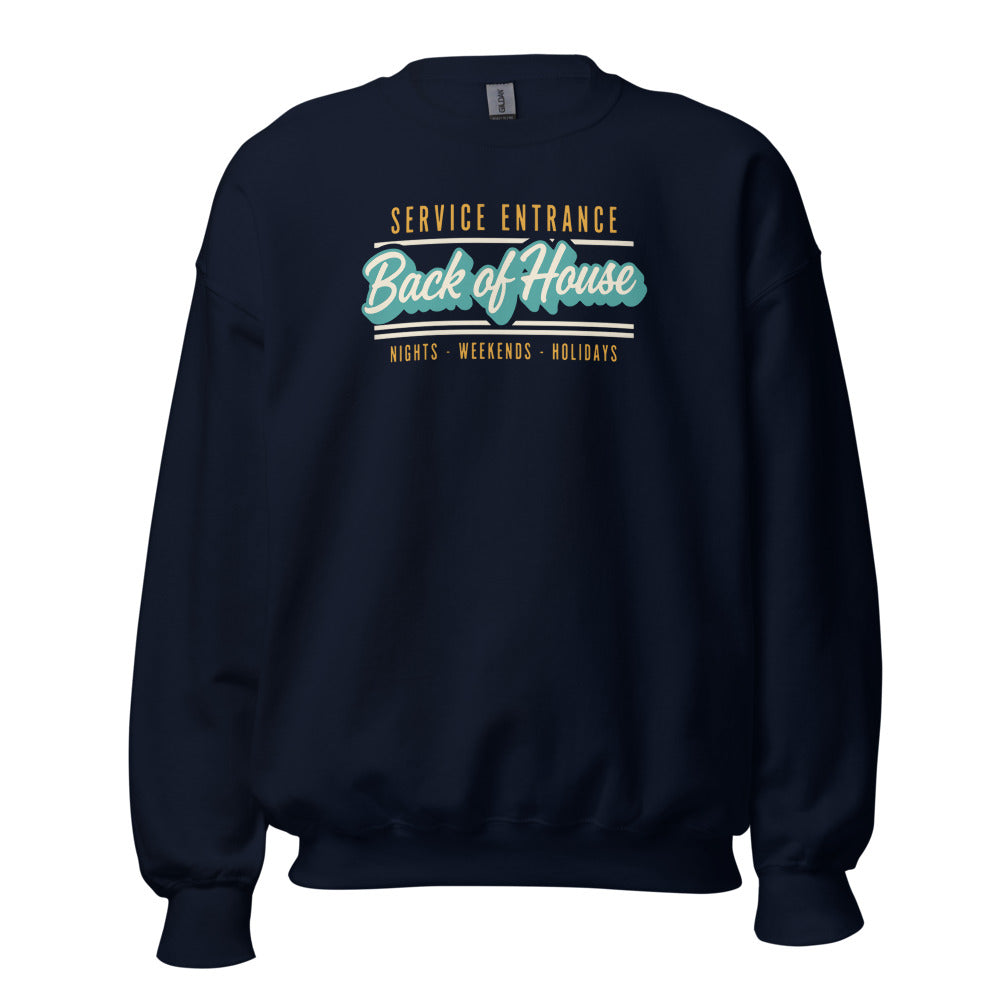 Back of House line cook retro diner service sign crewneck sweatshirt — Navy, front