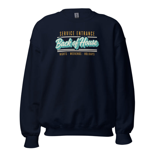 Back of House line cook retro diner service sign crewneck sweatshirt — Navy, front