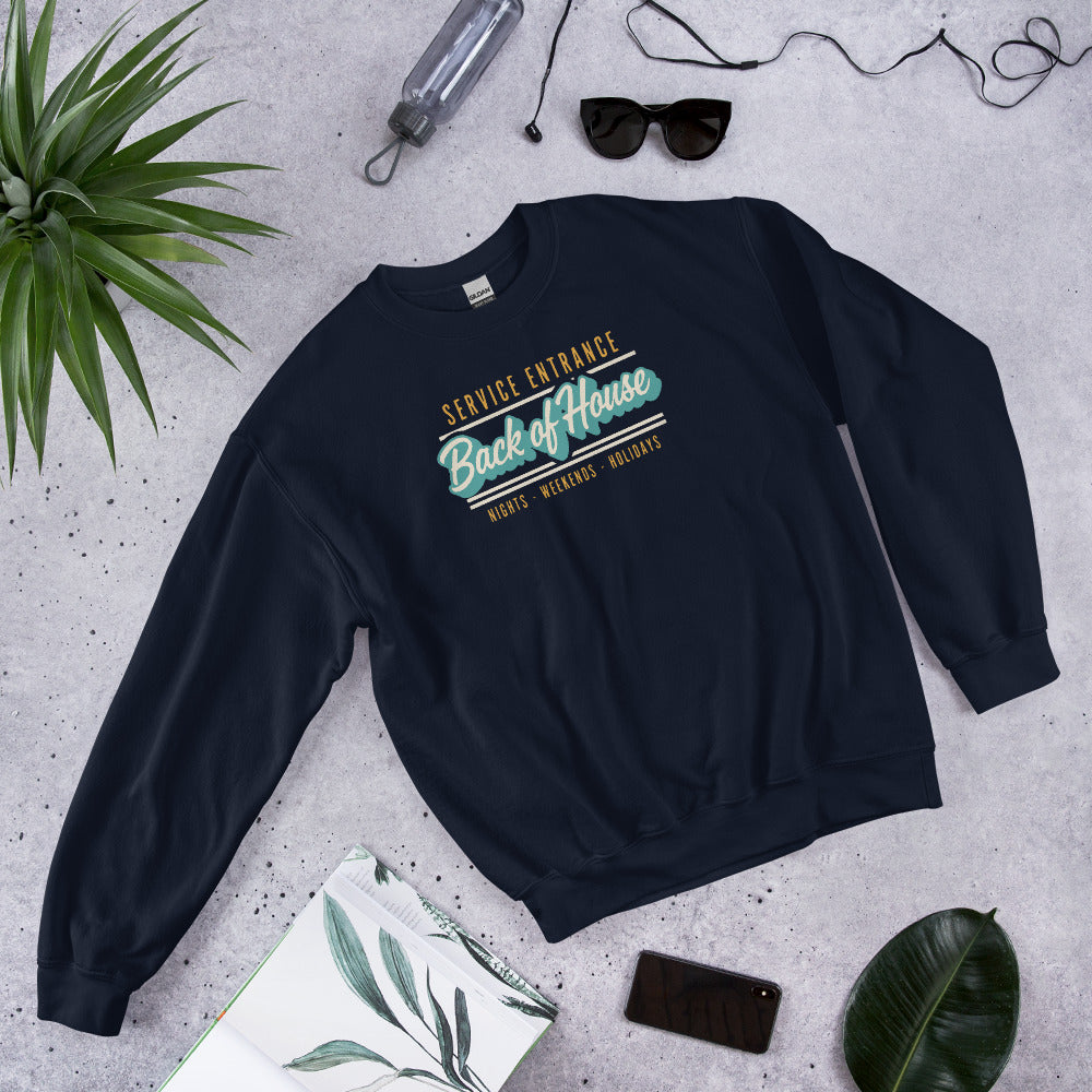 Back of House line cook retro diner service sign crewneck sweatshirt — Navy, flat lay