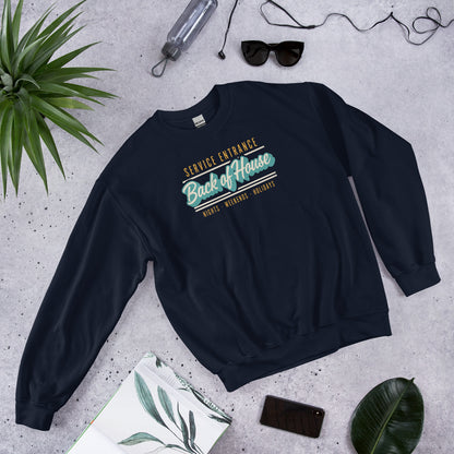 Back of House line cook retro diner service sign crewneck sweatshirt — Navy, flat lay