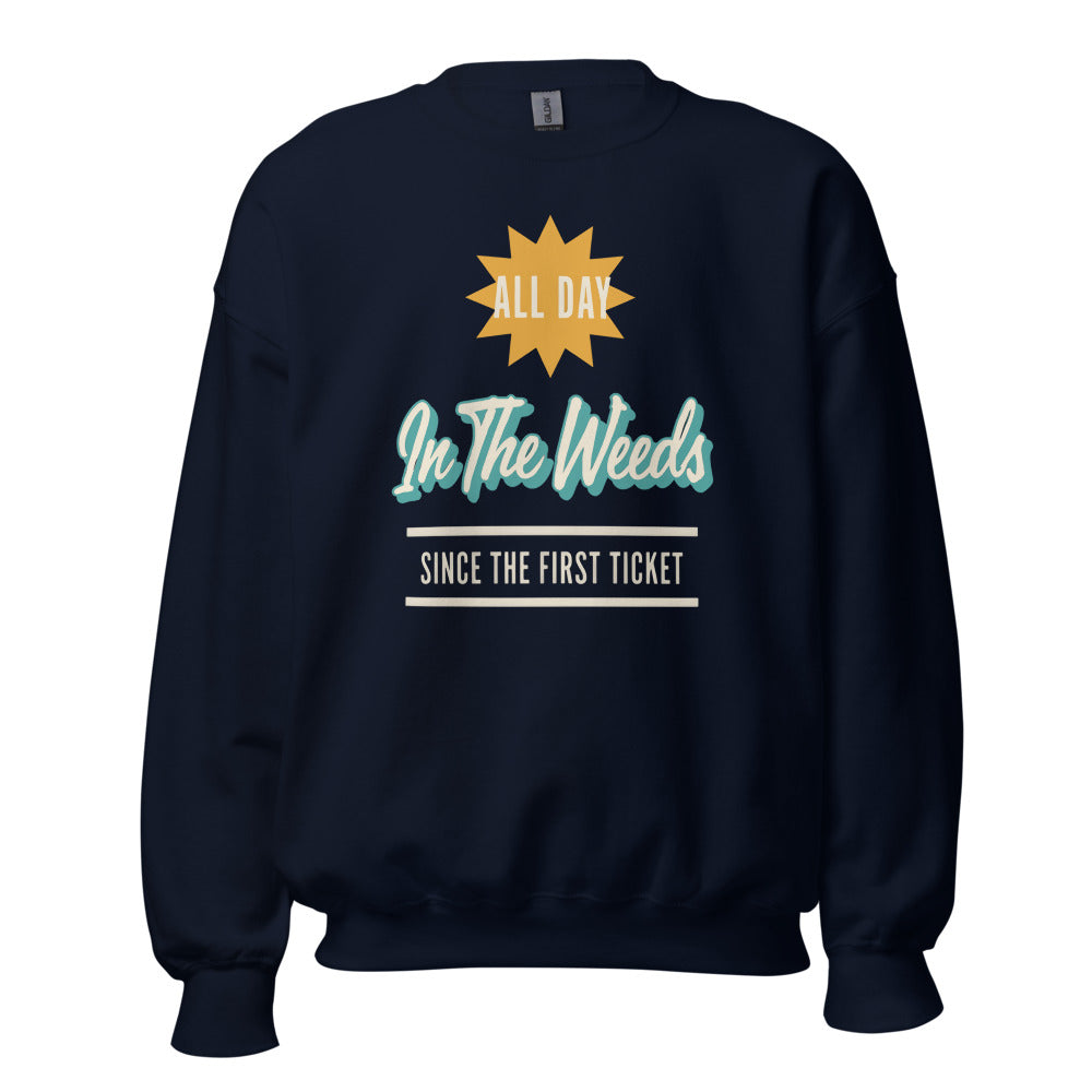 In The Weeds line cook retro diner service sign crewneck sweatshirt — Navy, front
