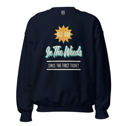 In The Weeds line cook retro diner service sign crewneck sweatshirt — Navy, front