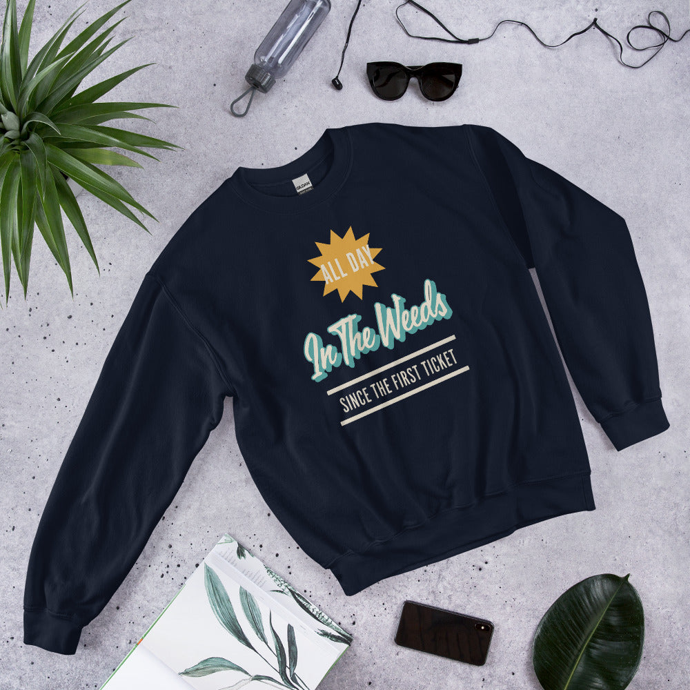 In The Weeds line cook retro diner service sign crewneck sweatshirt — Navy, flat lay