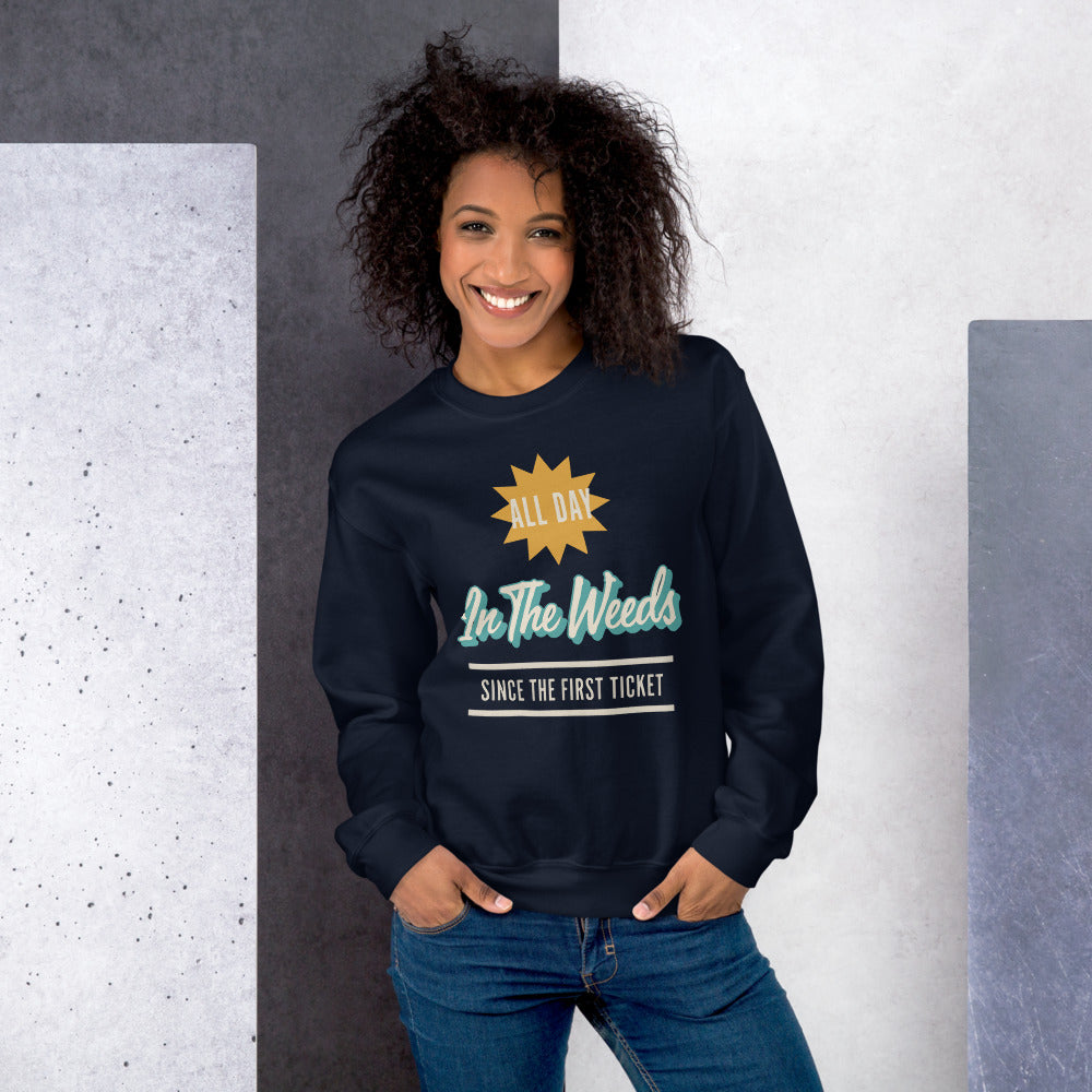 In The Weeds line cook retro diner service sign crewneck sweatshirt — Navy, on model