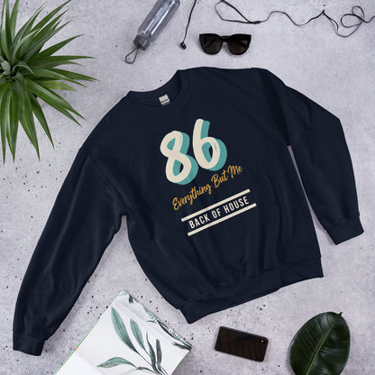86 Everything But Me line cook back of house crewneck sweatshirt — Navy, flat lay