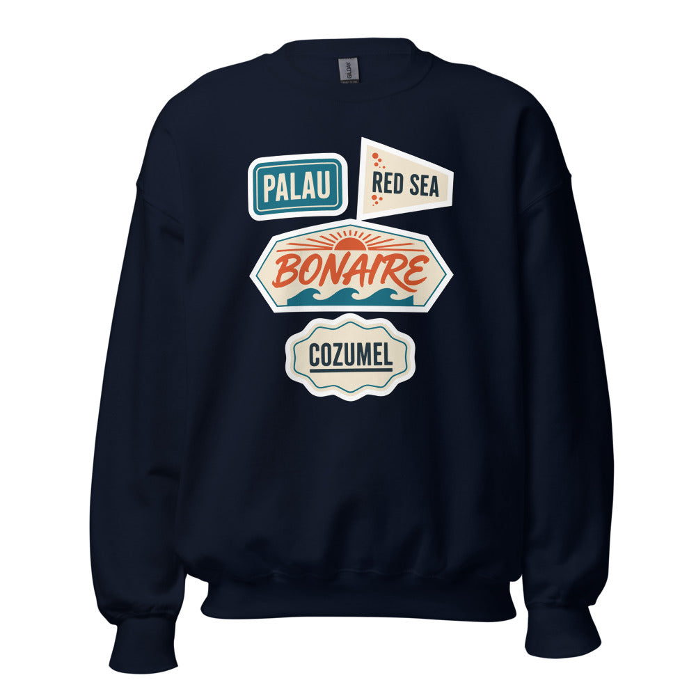 Vintage scuba diving dive sites travel decal sweatshirt — Navy, front