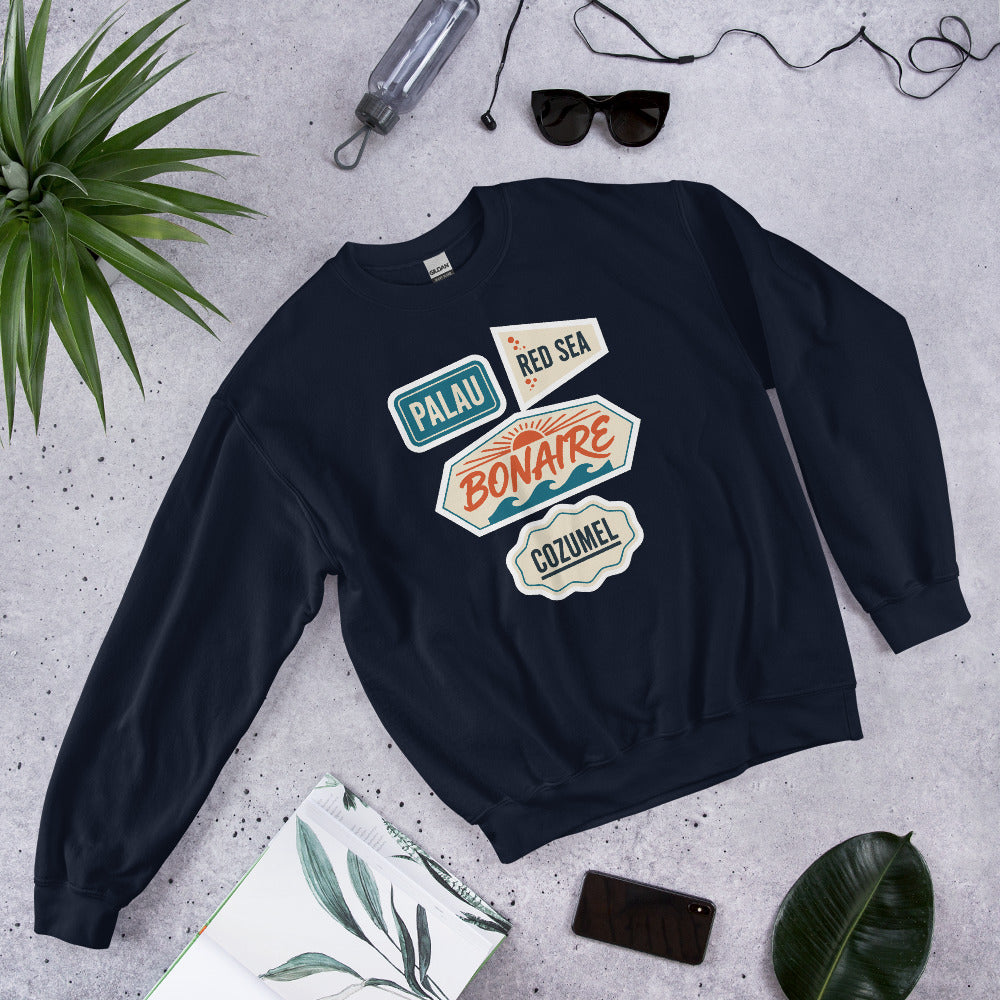 Vintage scuba diving dive sites travel decal sweatshirt — Navy, flat lay