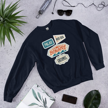 Vintage scuba diving dive sites travel decal sweatshirt — Navy, flat lay