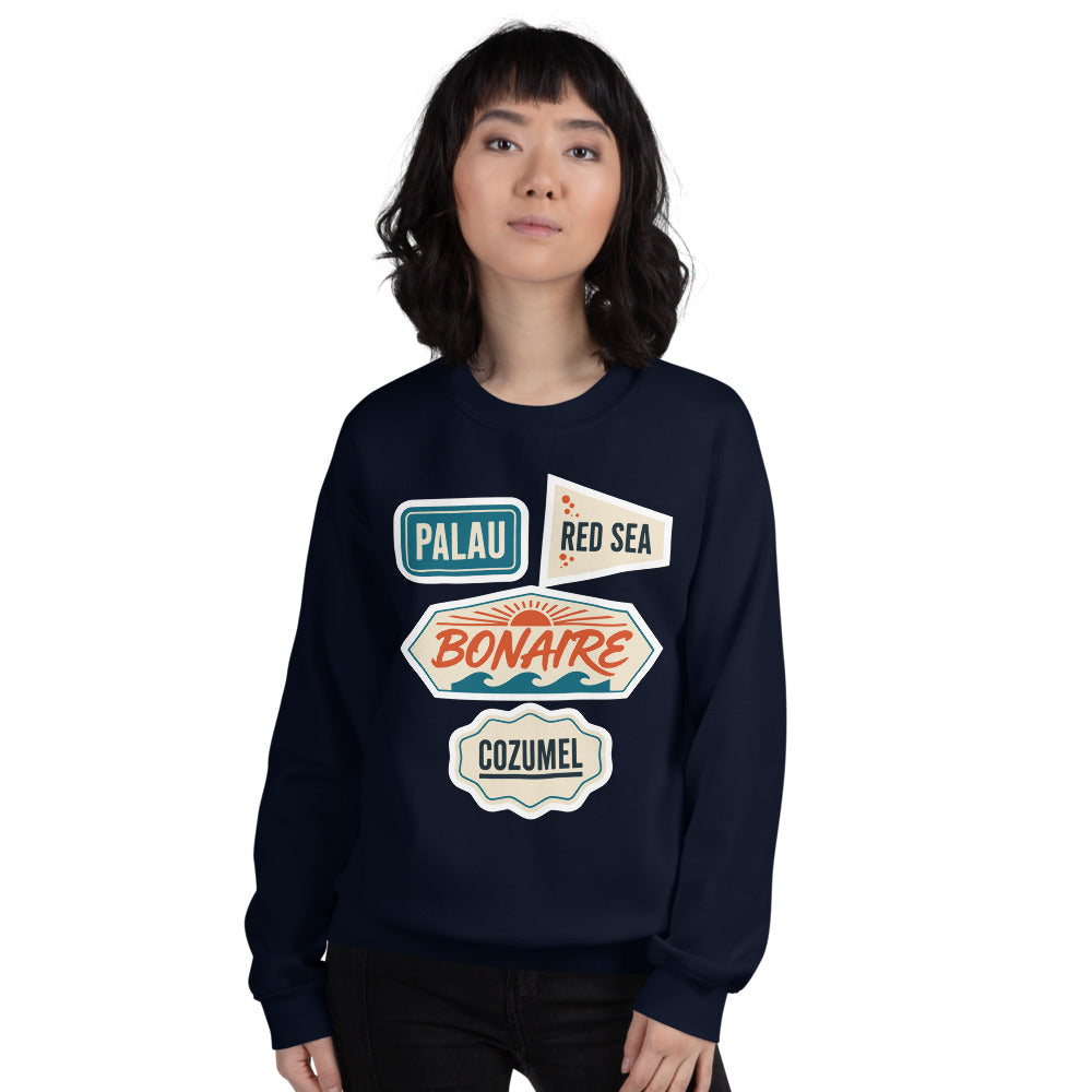 Vintage scuba diving dive sites travel decal sweatshirt — Navy, on model