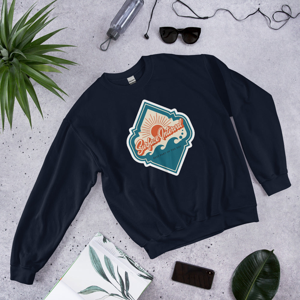 Surface Interval vintage scuba diving travel decal sweatshirt — Navy, flat lay