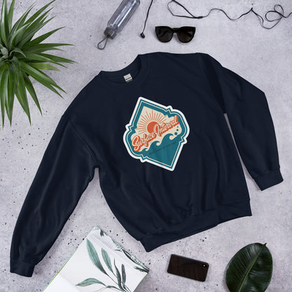 Surface Interval vintage scuba diving travel decal sweatshirt — Navy, flat lay