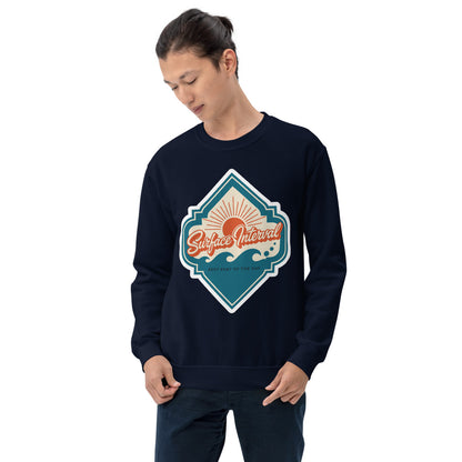 Surface Interval vintage scuba diving travel decal sweatshirt — Navy, on model