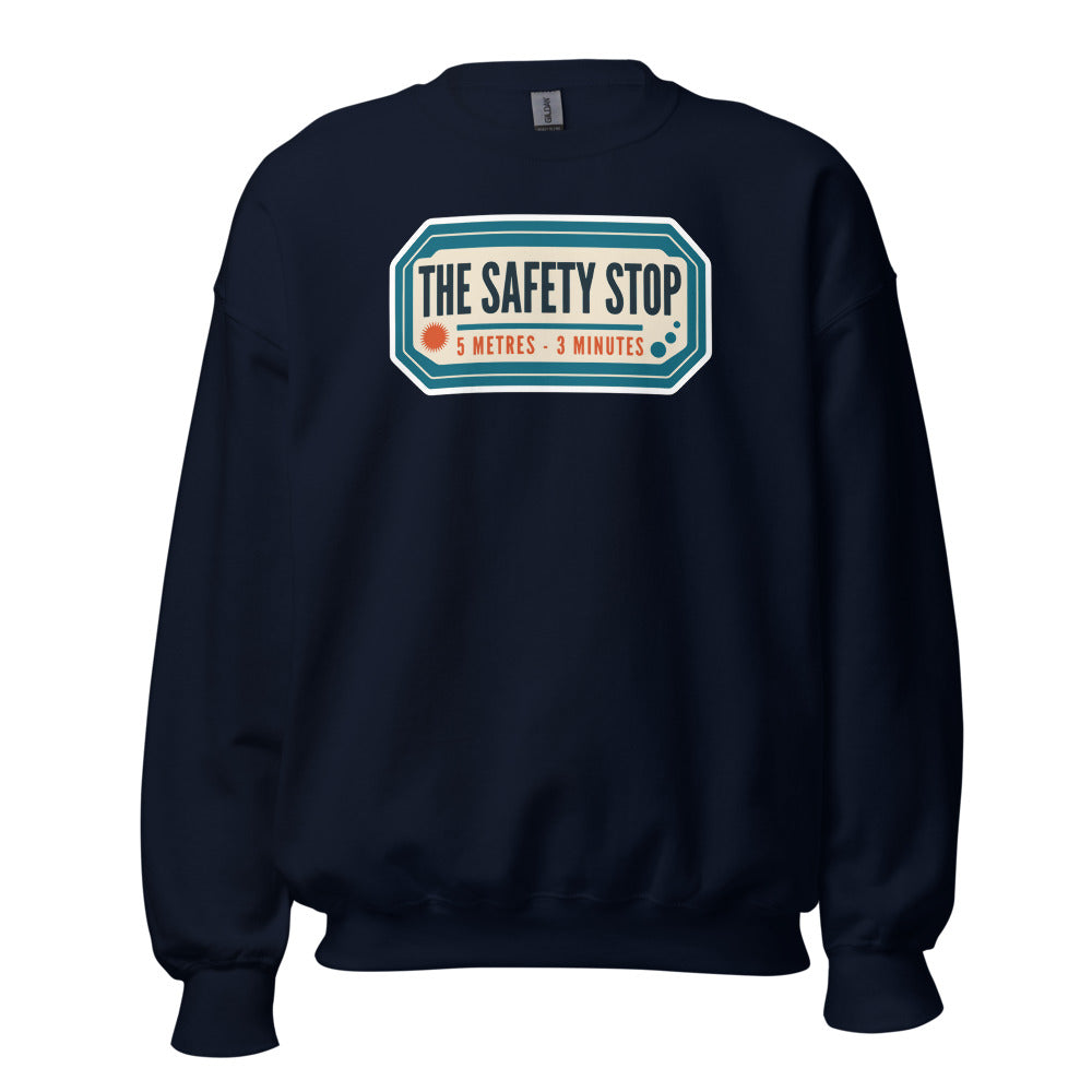 The Safety Stop vintage scuba diving travel decal sweatshirt — Navy, front