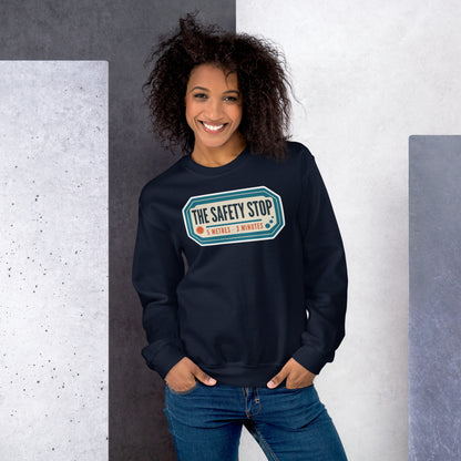 The Safety Stop vintage scuba diving travel decal sweatshirt — Navy, on model