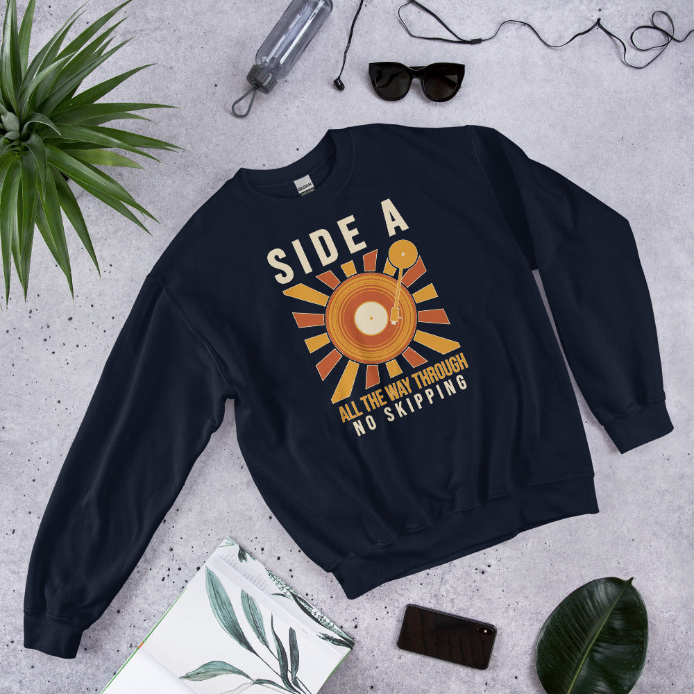 Side A No Skipping vinyl record crewneck sweatshirt — Navy, flat lay