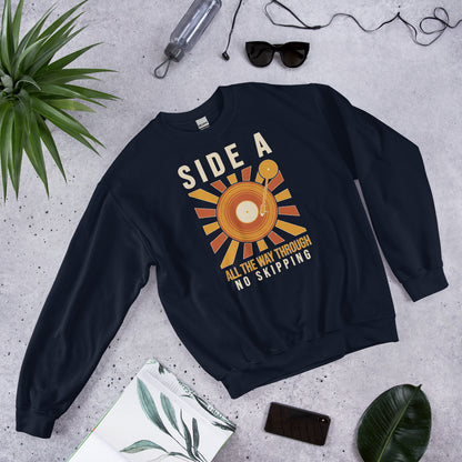 Side A No Skipping vinyl record crewneck sweatshirt — Navy, flat lay