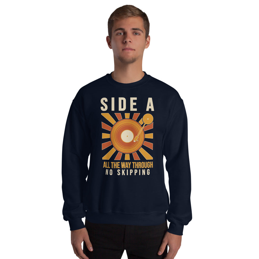 Side A No Skipping vinyl record crewneck sweatshirt — Navy, on model