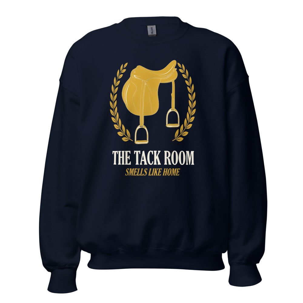The Tack Room engraved equestrian saddle crest crewneck sweatshirt — Navy, front